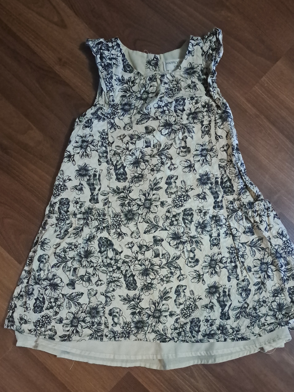 Happy Threads Girls Cream Floral And Dog Print Sleeveless Dress